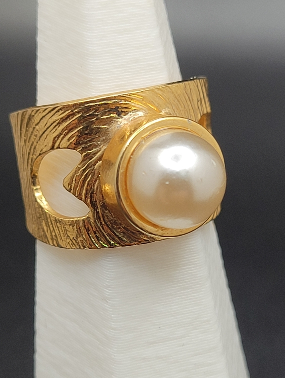 Gold-Tone Pearl Statement with Faux Pearl Ring Open Adjustable Modernist Style